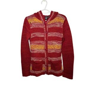 Boy Meets Girl Red Striped Hooded Cardigan Sweater Womens Large‎ Y2K Goblincore